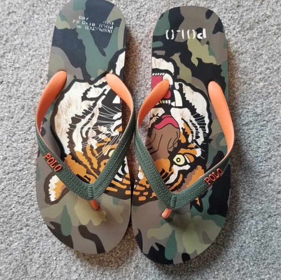 NWOT Men's Ralph Lauren Polo Whittlebury II Camo Tiger Flip-flops - Picture 2 of 6